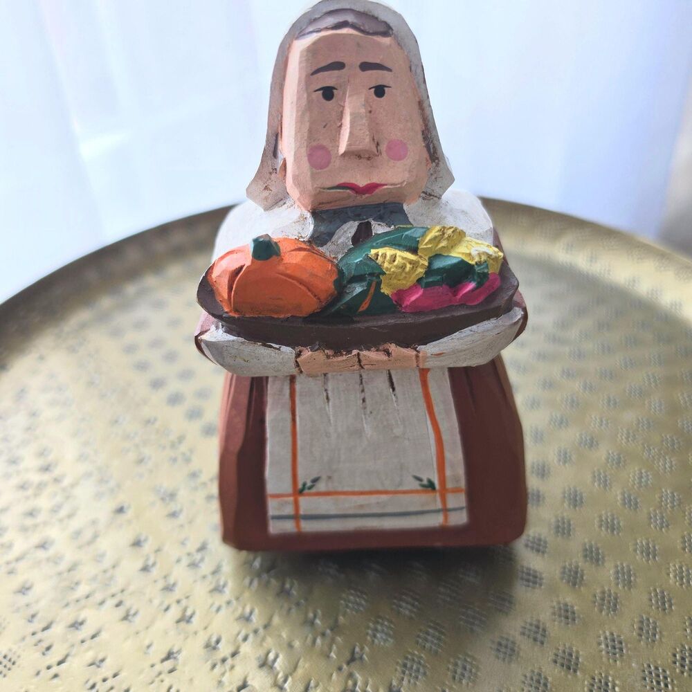 Hand Carved Wooden Pilgrim Woman Figurine | Primitive Fall Than Decor